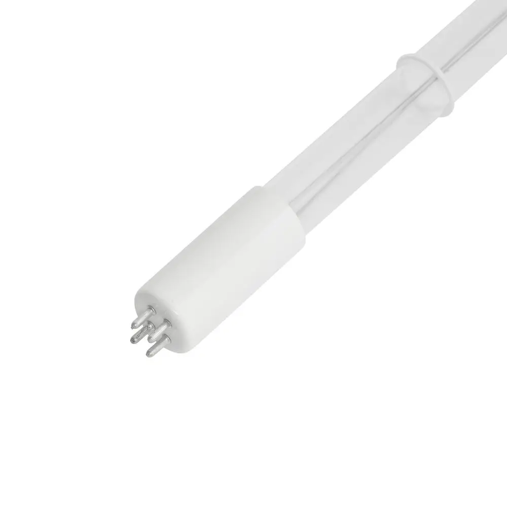 UV-Lampe mit transparentem Röhrenkörper und weißen Endkappen, ausgestattet mit mehreren Kontaktstiften, geeignet für den Einsatz in BWT-Systemen.